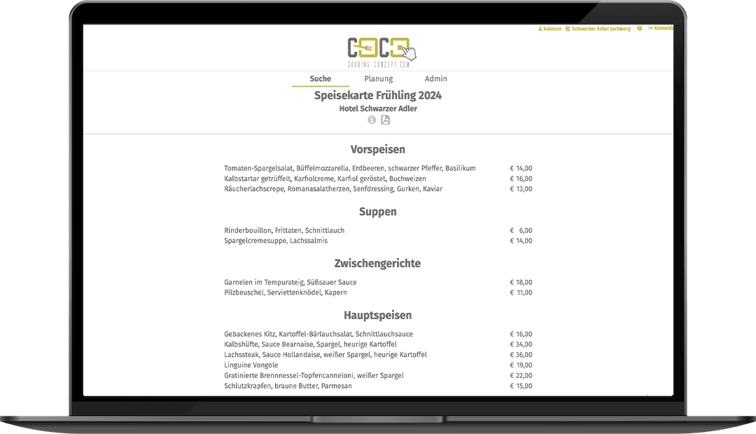 SpeisekartenMockup_Mac_01 Dartellung der Softwarefunktion "Speisekartenplaner" auf einem Laptop